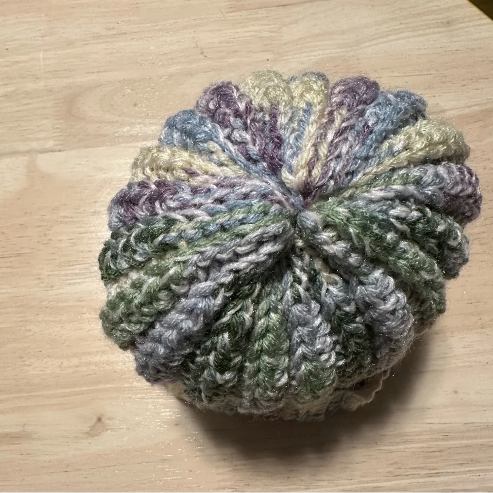 New Handmade Crochet Rib Beanie Fold over Hat Green Yellow Blue Purple Speckled - Picture 6 of 10